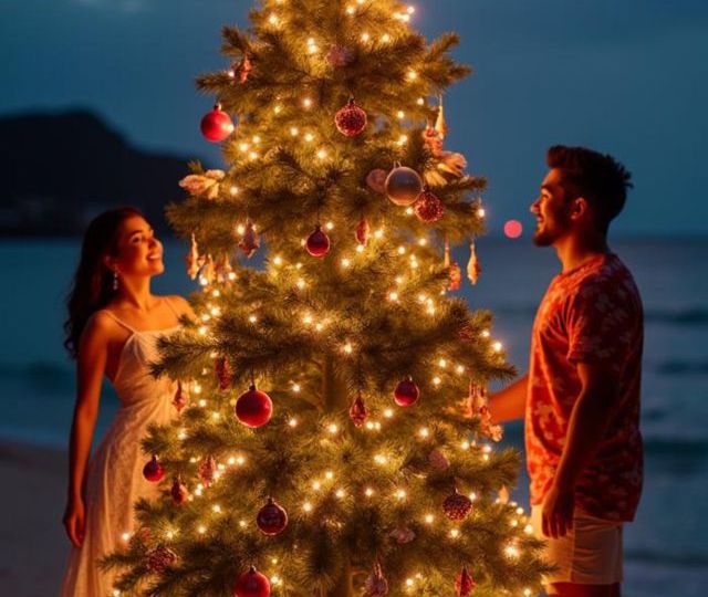 couple-front-christmas-tree-with-fireworks-background