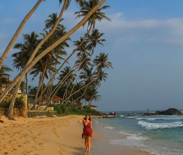 A girl walking under palm trees at the Dalawella Beach, Unawatuna, Sri Lanka.