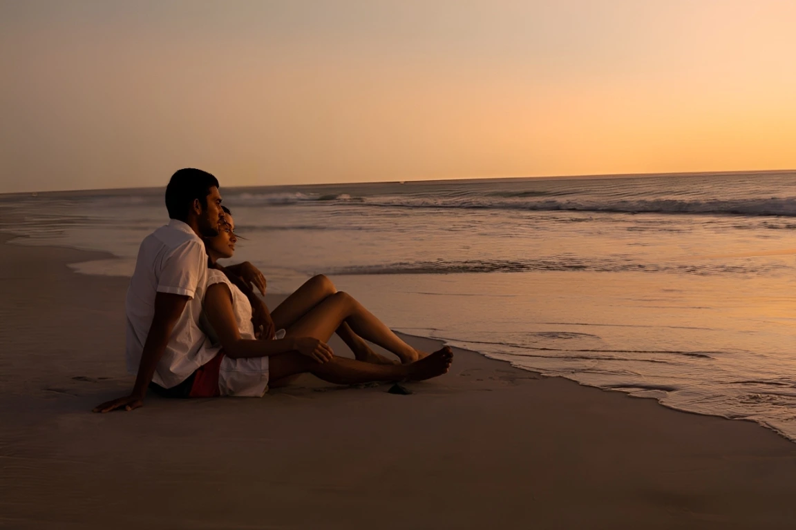 Young couple enjoying sunset by the beach